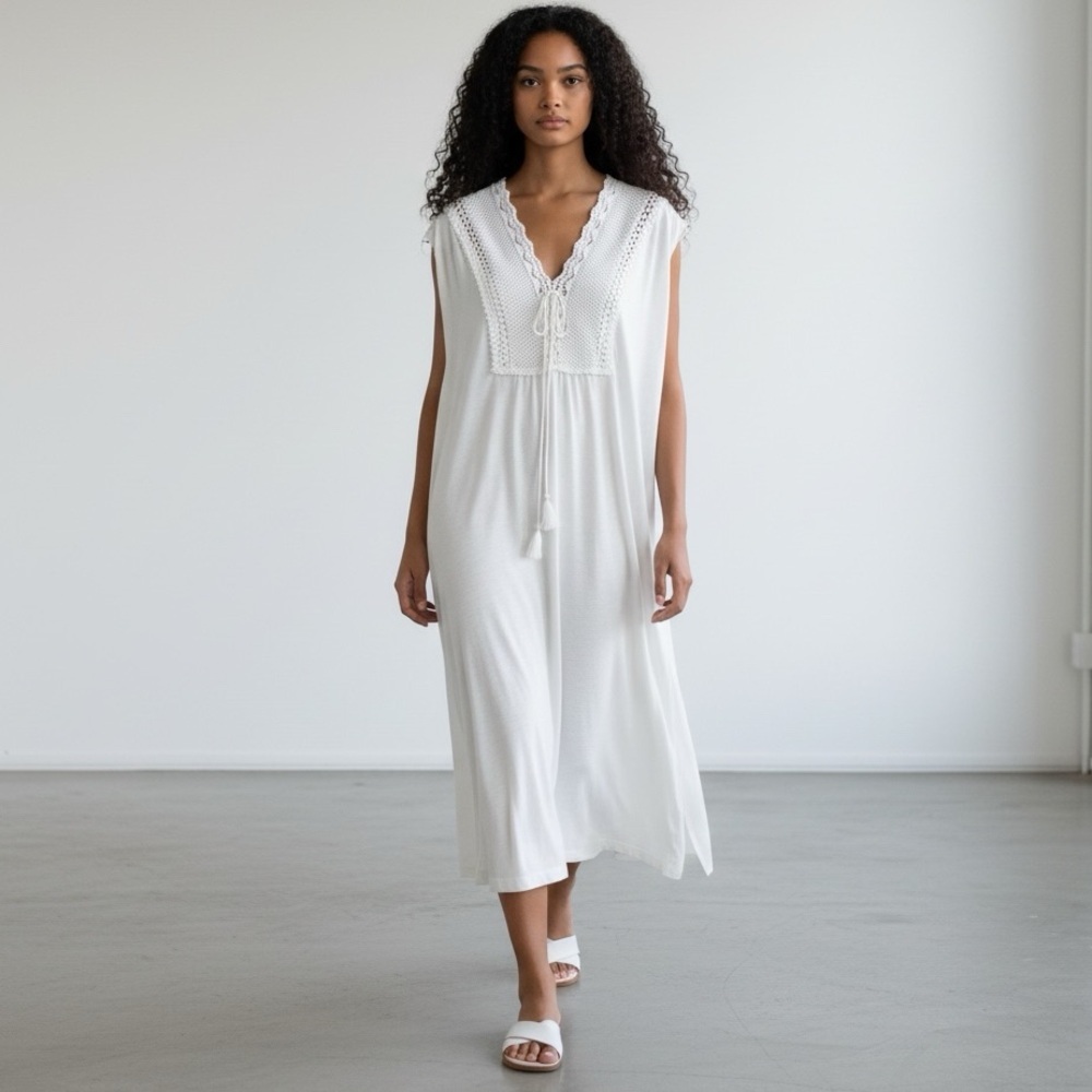 Long Bohemian White Kaftan w/ Tassel Ties - Picture 1 of 5